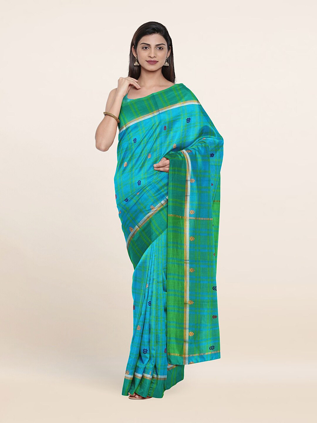 

Pothys Blue & Green Checked Ethnic Motifs Pure Cotton Saree