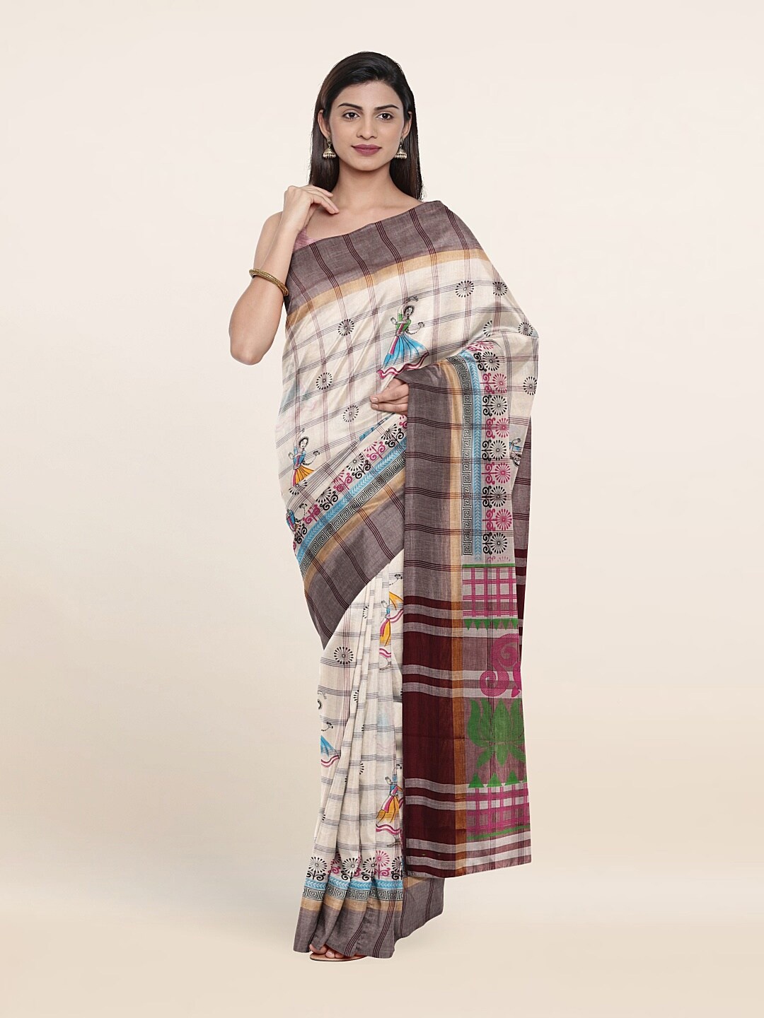 

Pothys Off White & Pink Checked Ethnic Motifs Pure Cotton Saree