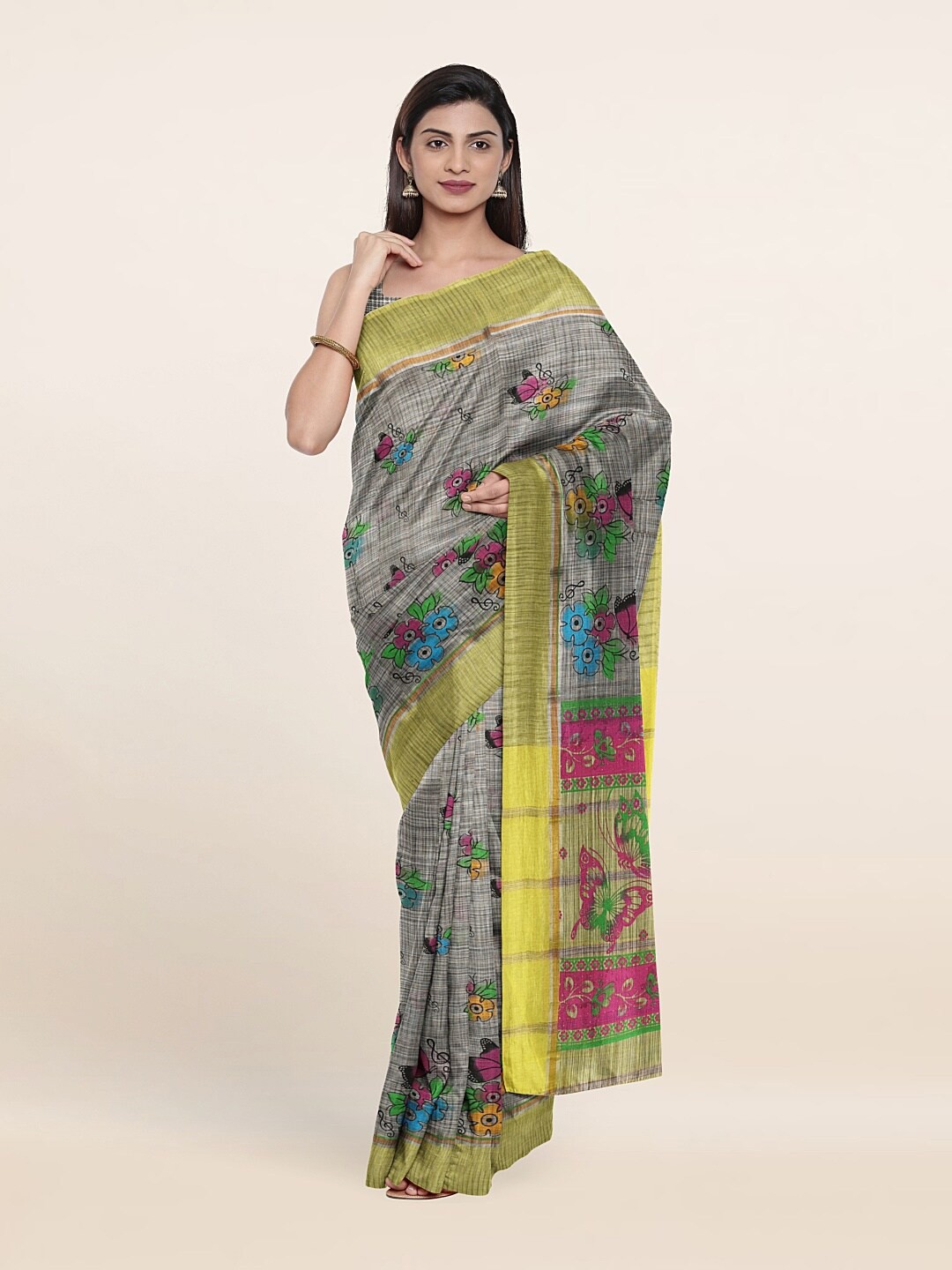 

Pothys Grey & Pink Floral Pure Cotton Saree