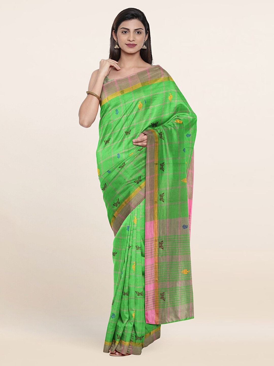 

Pothys Green & Yellow Checked Ethnic Motifs Pure Cotton Saree