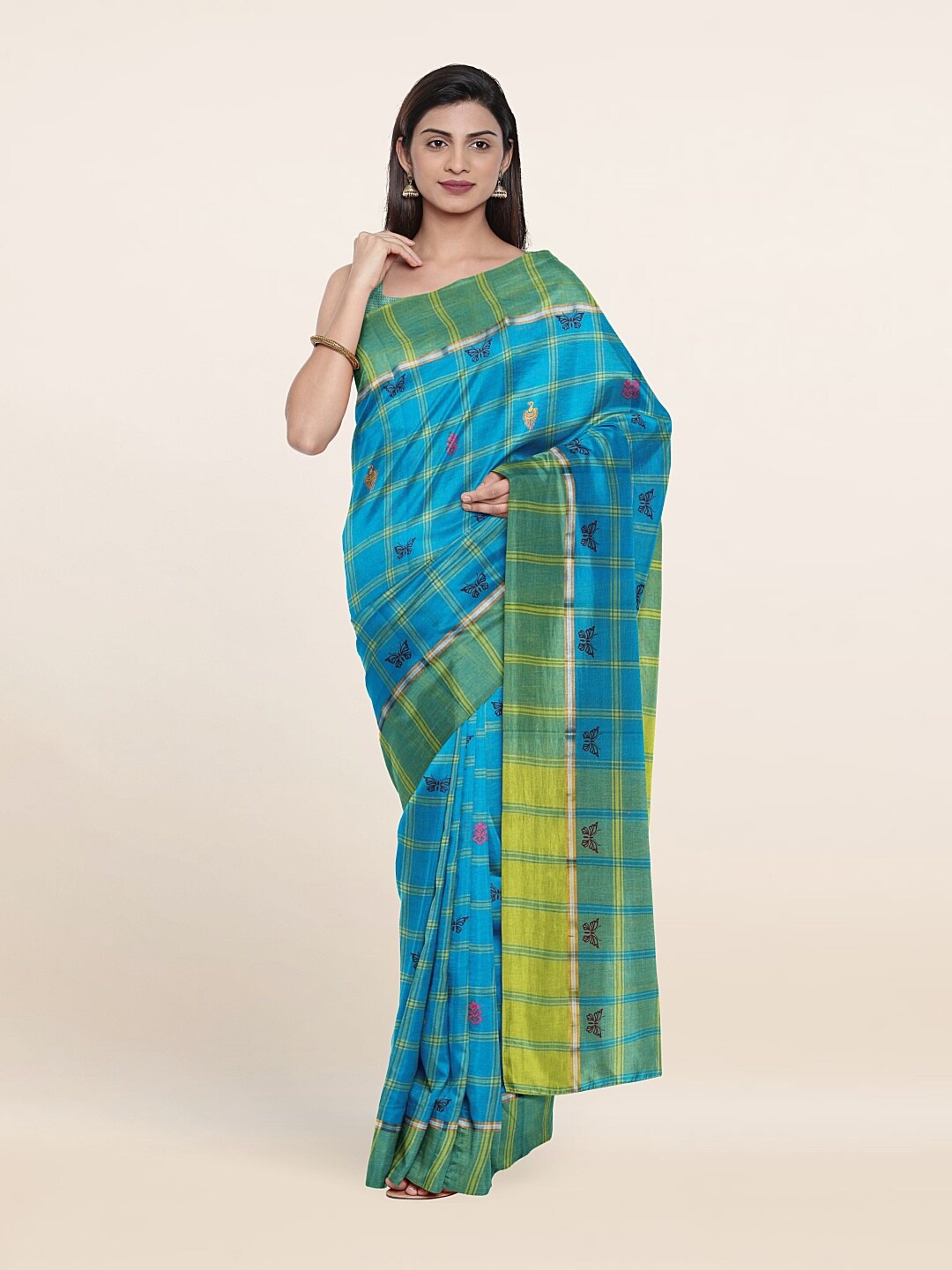 

Pothys Blue & Yellow Checked Ethnic Motifs Pure Cotton Saree