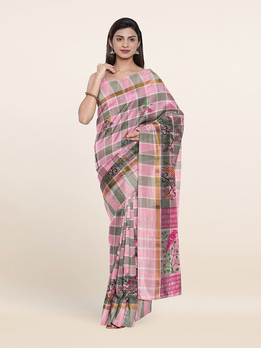 

Pothys Pink & Grey Checked Pure Cotton Saree