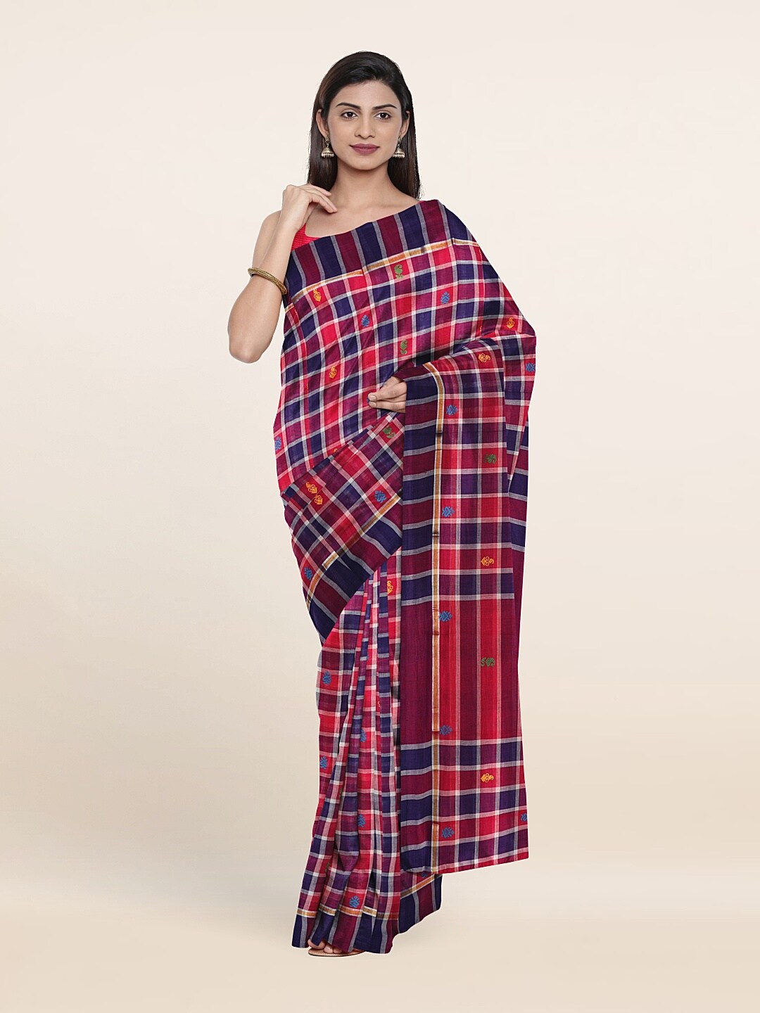 

Pothys Blue & Red Checked Pure Cotton Saree