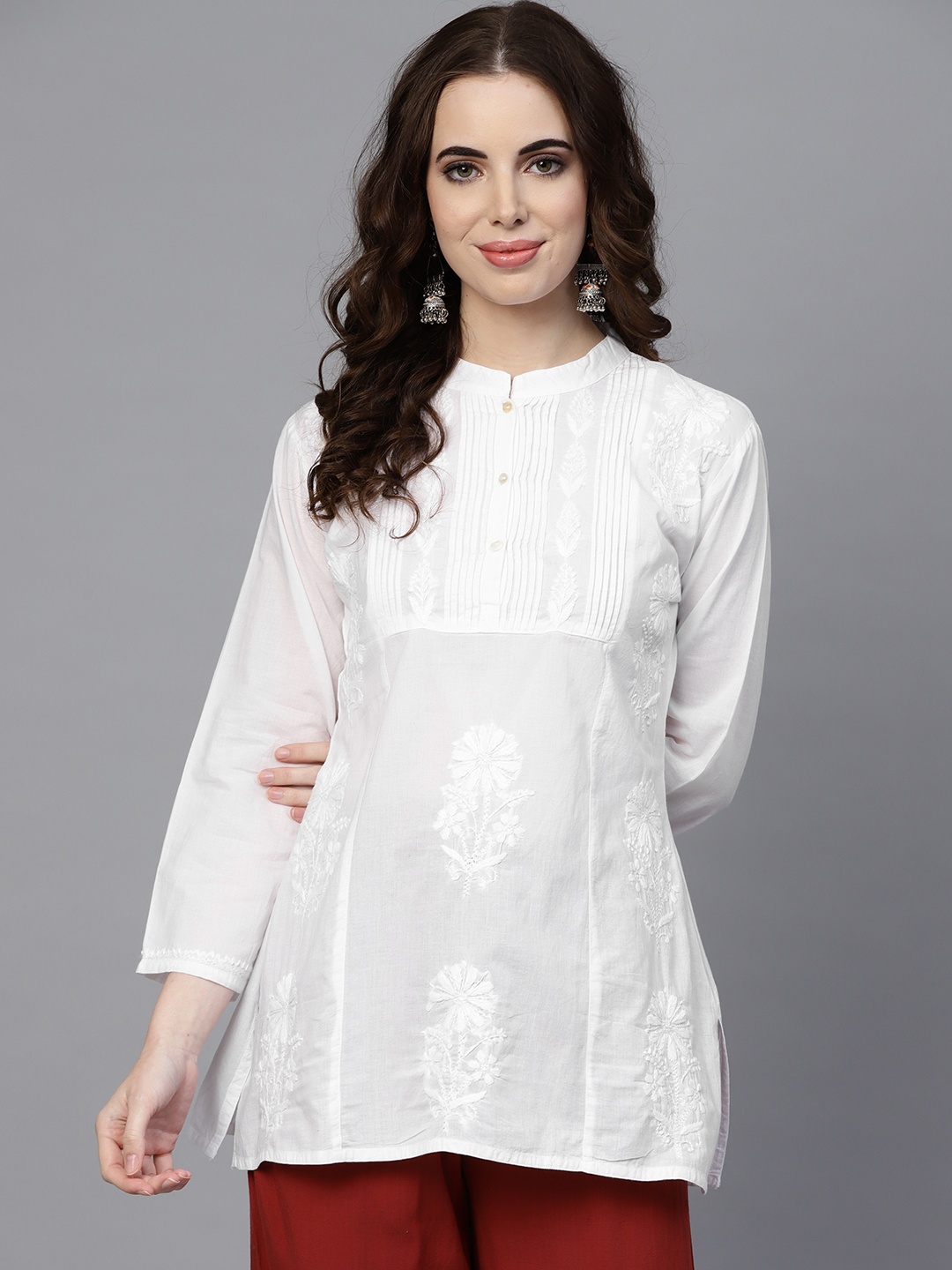 

Saadgi Women White Handloom Chikankari Embroidered A-Line Pure Cotton Kurti