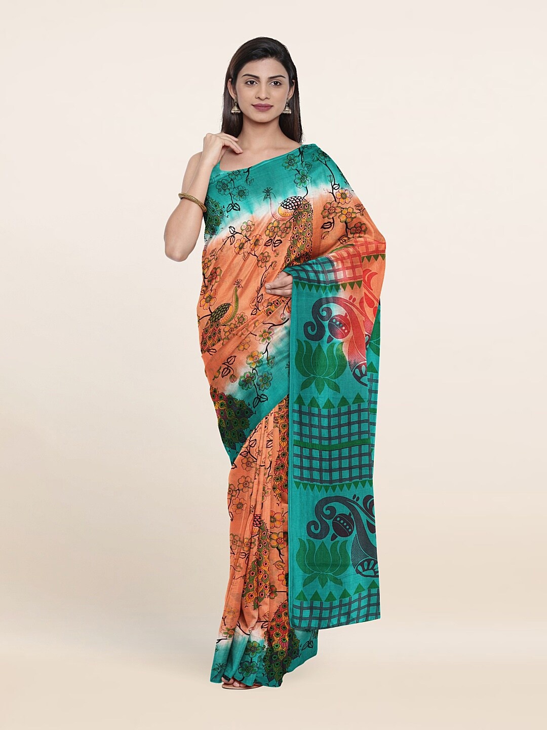 

Pothys Peach-Coloured & Green Floral Pure Cotton Saree