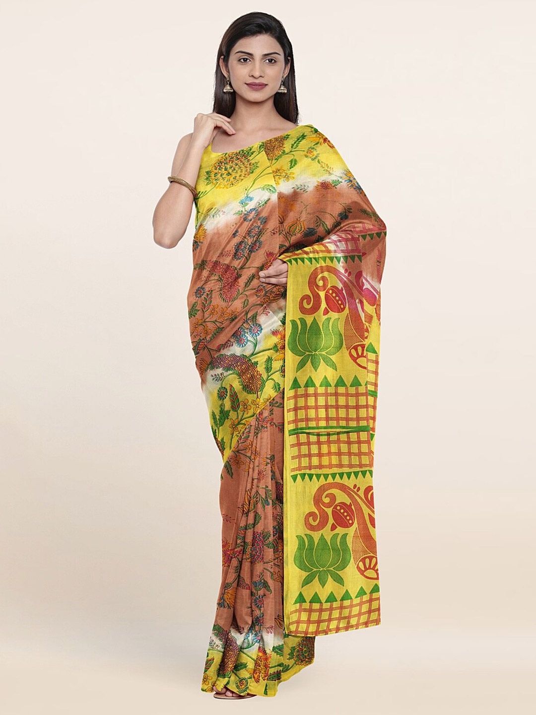 

Pothys Brown & Yellow Floral Pure Cotton Saree
