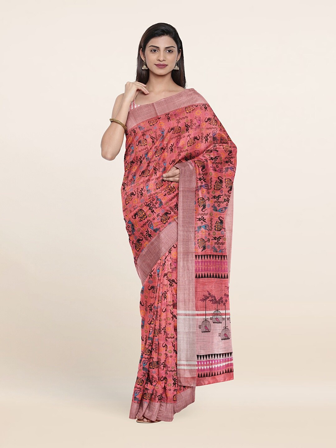 

Pothys Pink & Silver-Toned Printed Zari Pure Cotton Saree