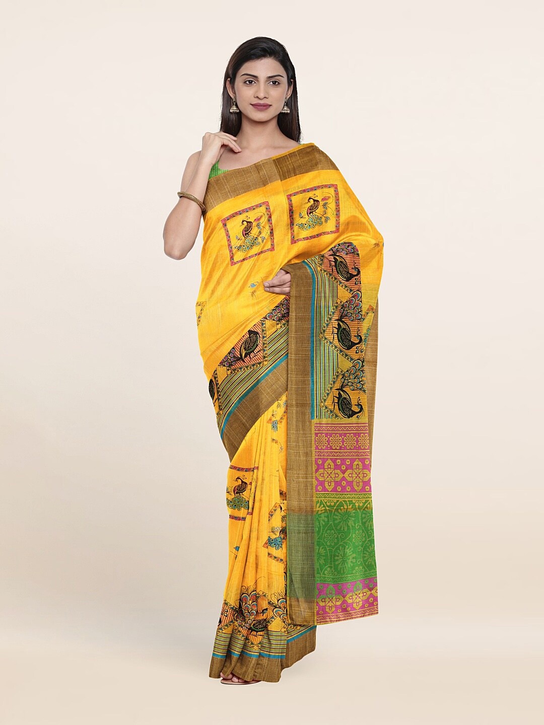 

Pothys Yellow & Blue Printed Zari Pure Cotton Saree