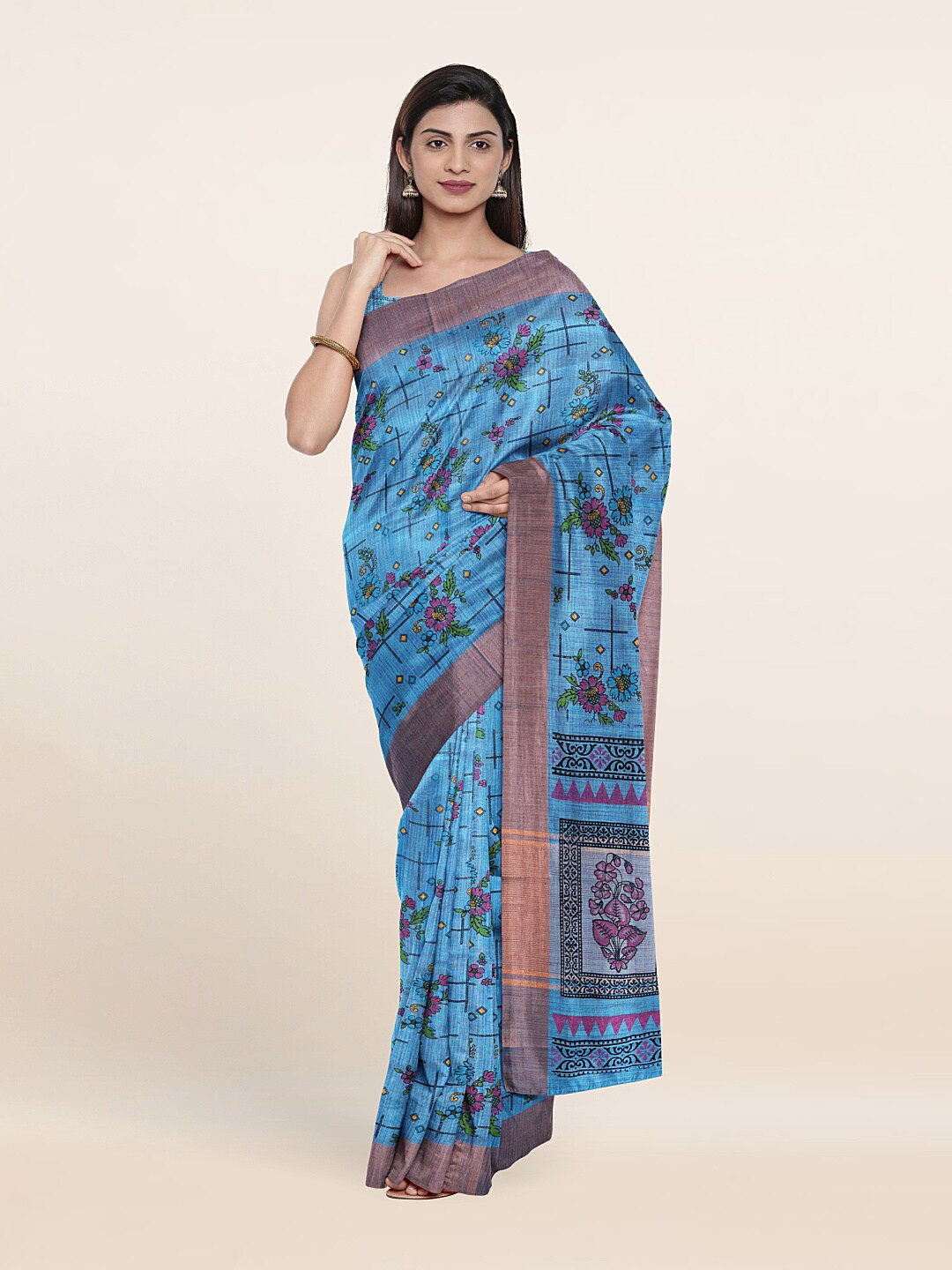 

Pothys Blue & Pink Printed Floral Pure Cotton Saree