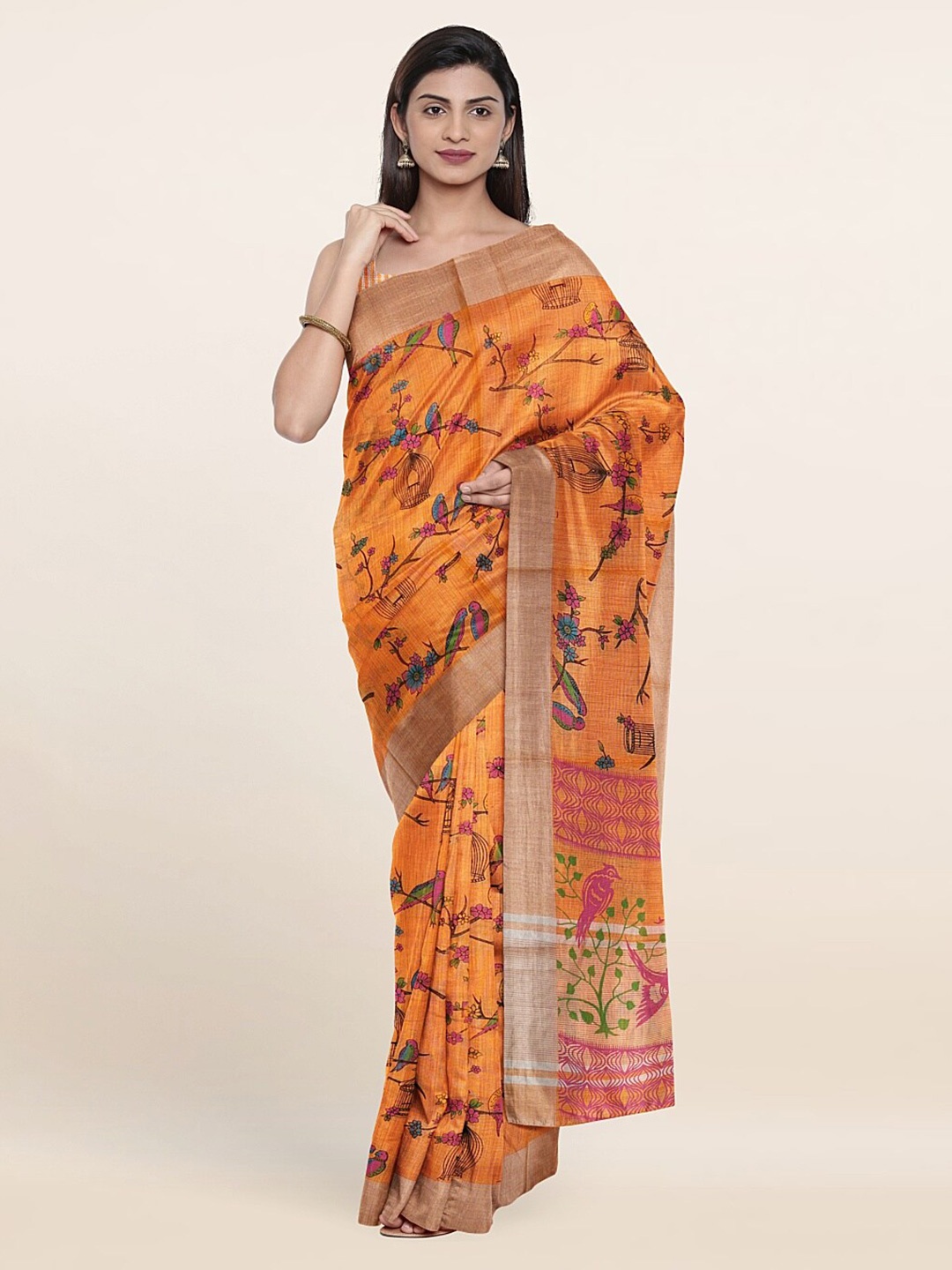 

Pothys Orange & Gold-Toned Printed Floral Zari Pure Cotton Saree