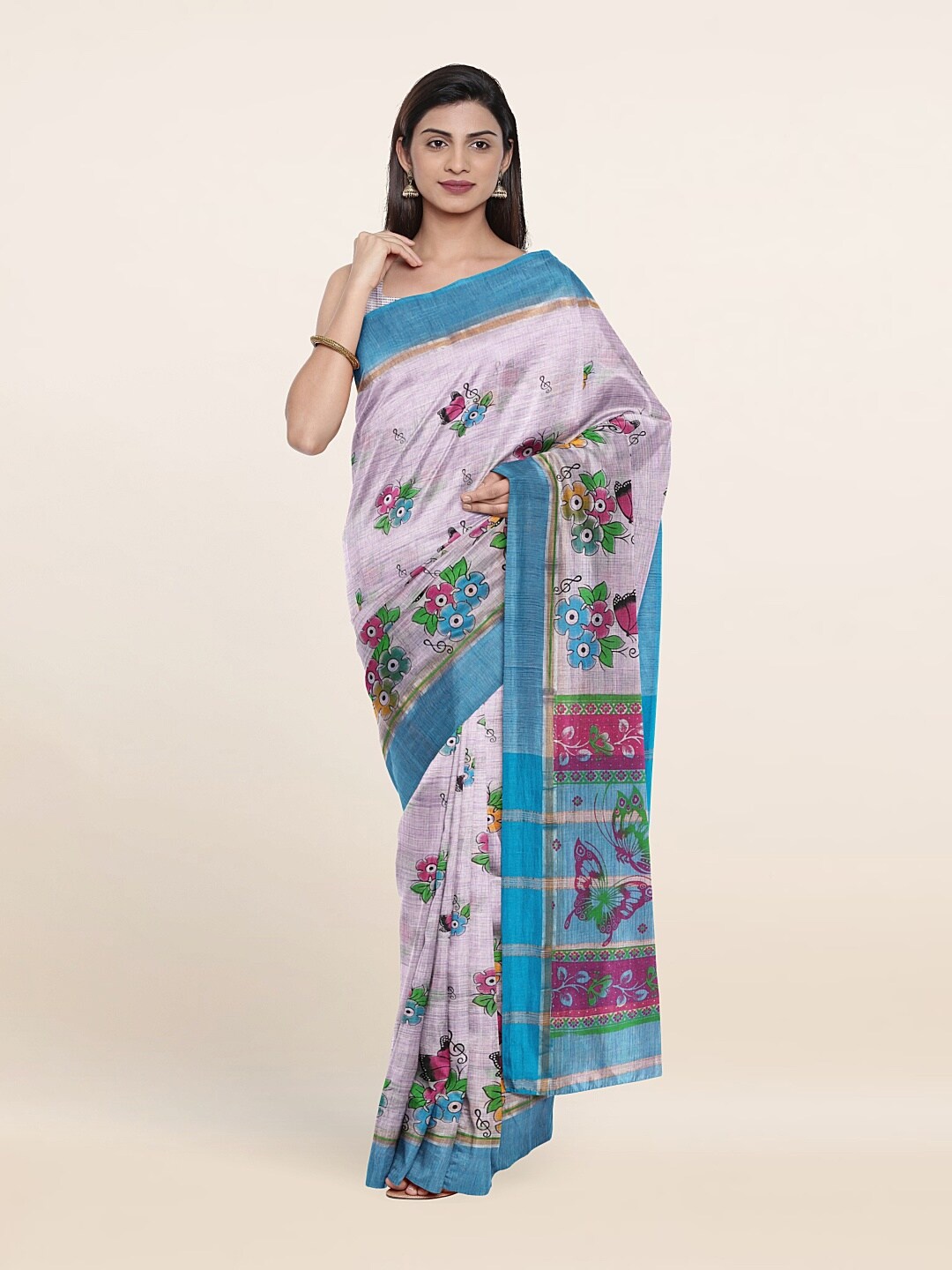 

Pothys Lavender & Blue Printed Floral Pure Cotton Saree