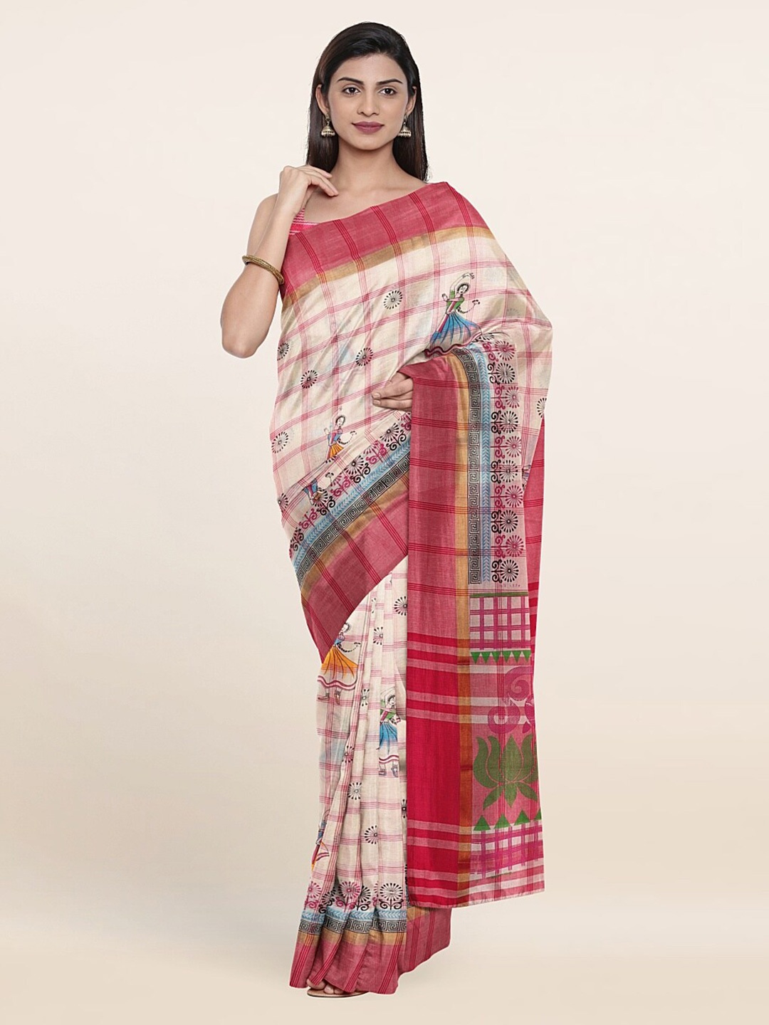 

Pothys Off White & Pink Printed Ethnic Motifs Pure Cotton Saree