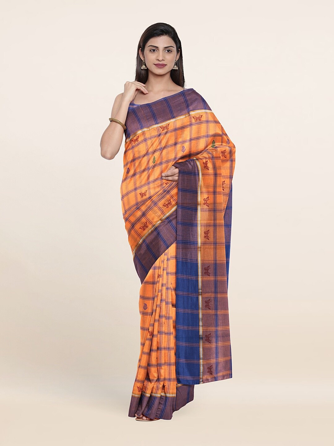 

Pothys Peach-Coloured & Blue Checked Pure Cotton Saree