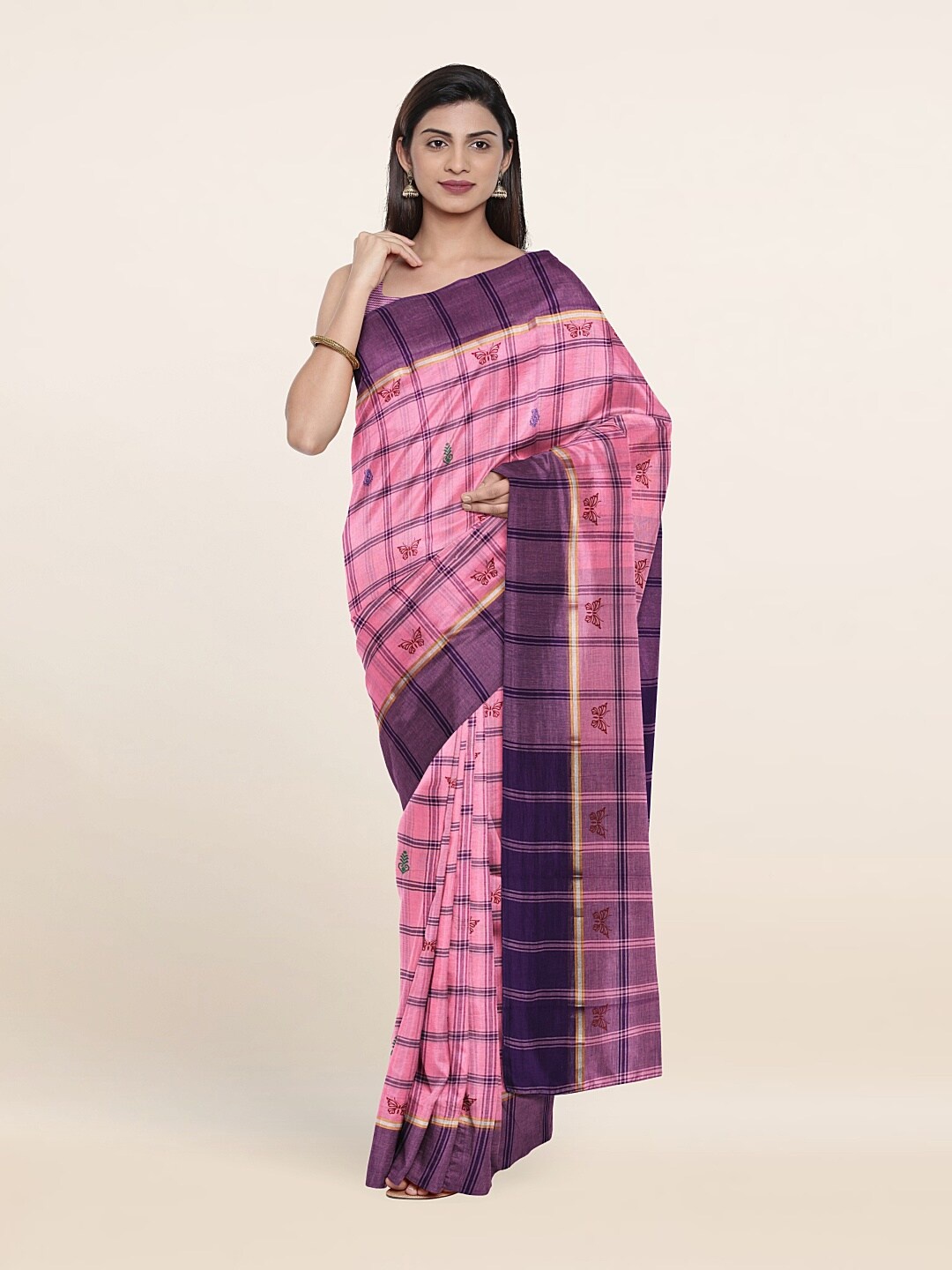 

Pothys Pink & Green Checked Pure Cotton Saree