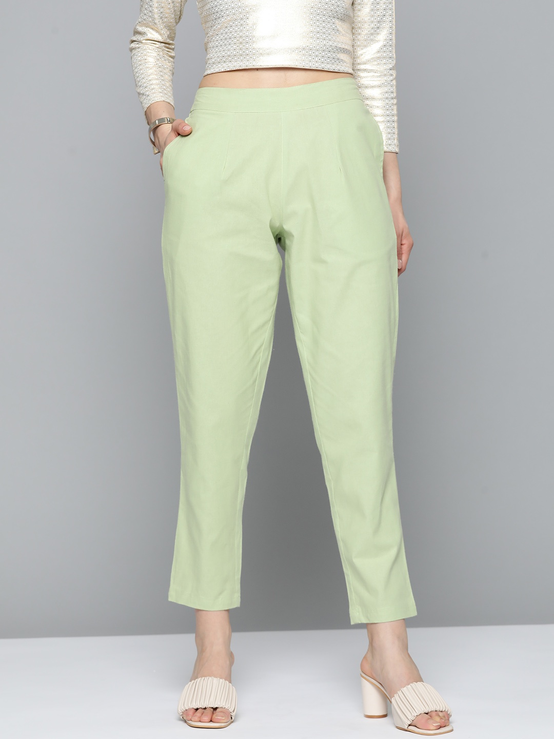 

HERE&NOW Women Sea Green Pleated Trousers