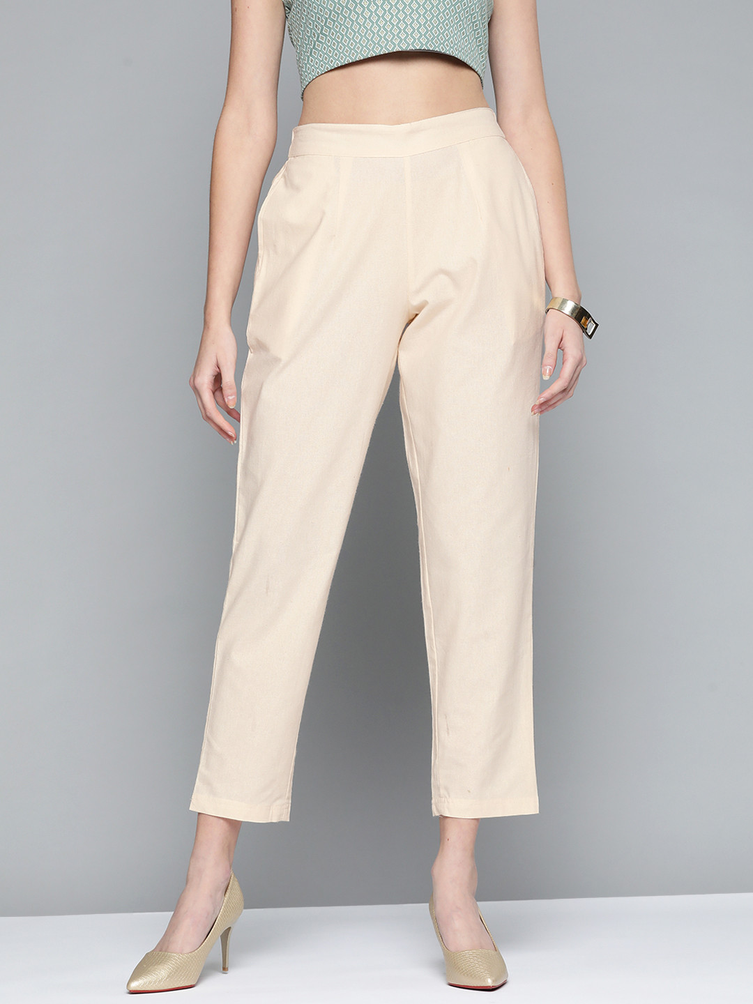 

HERE&NOW Women Off White Straight Fit High-Rise Trousers
