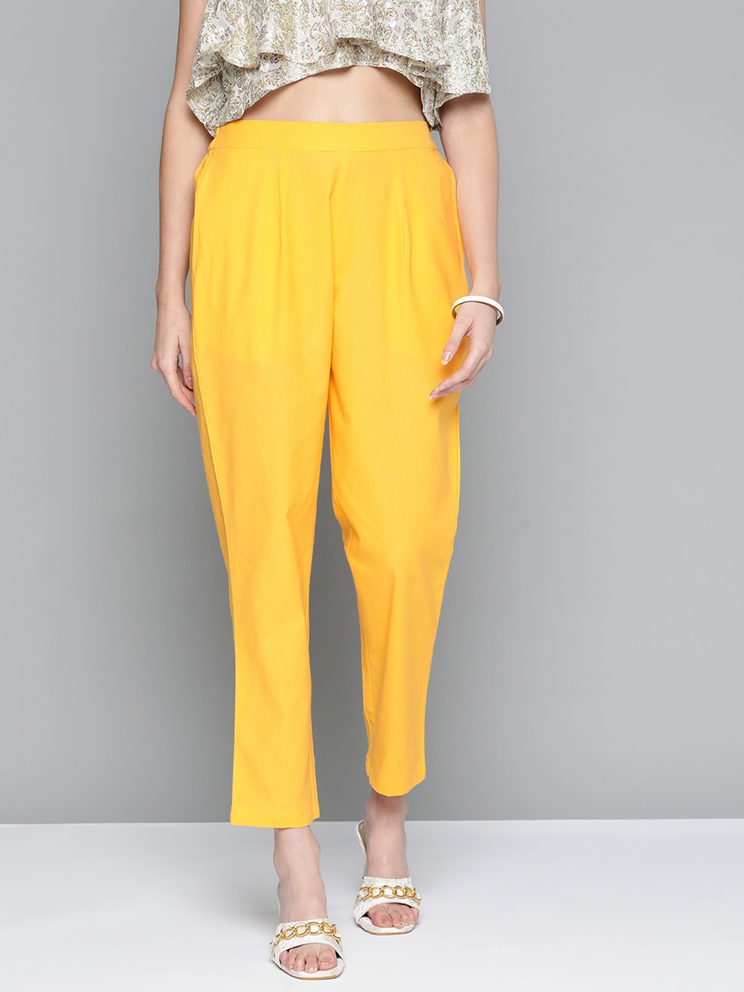 

HERE&NOW Women Yellow Straight Fit High-Rise Trousers