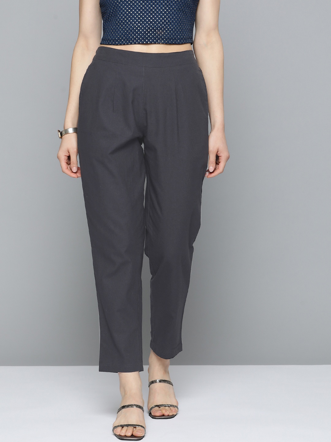 

HERE&NOW Women Black Pleated Trousers, Charcoal