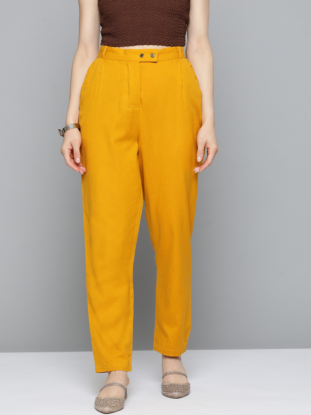 

HERE&NOW Women Mustard Yellow Pleated Trousers