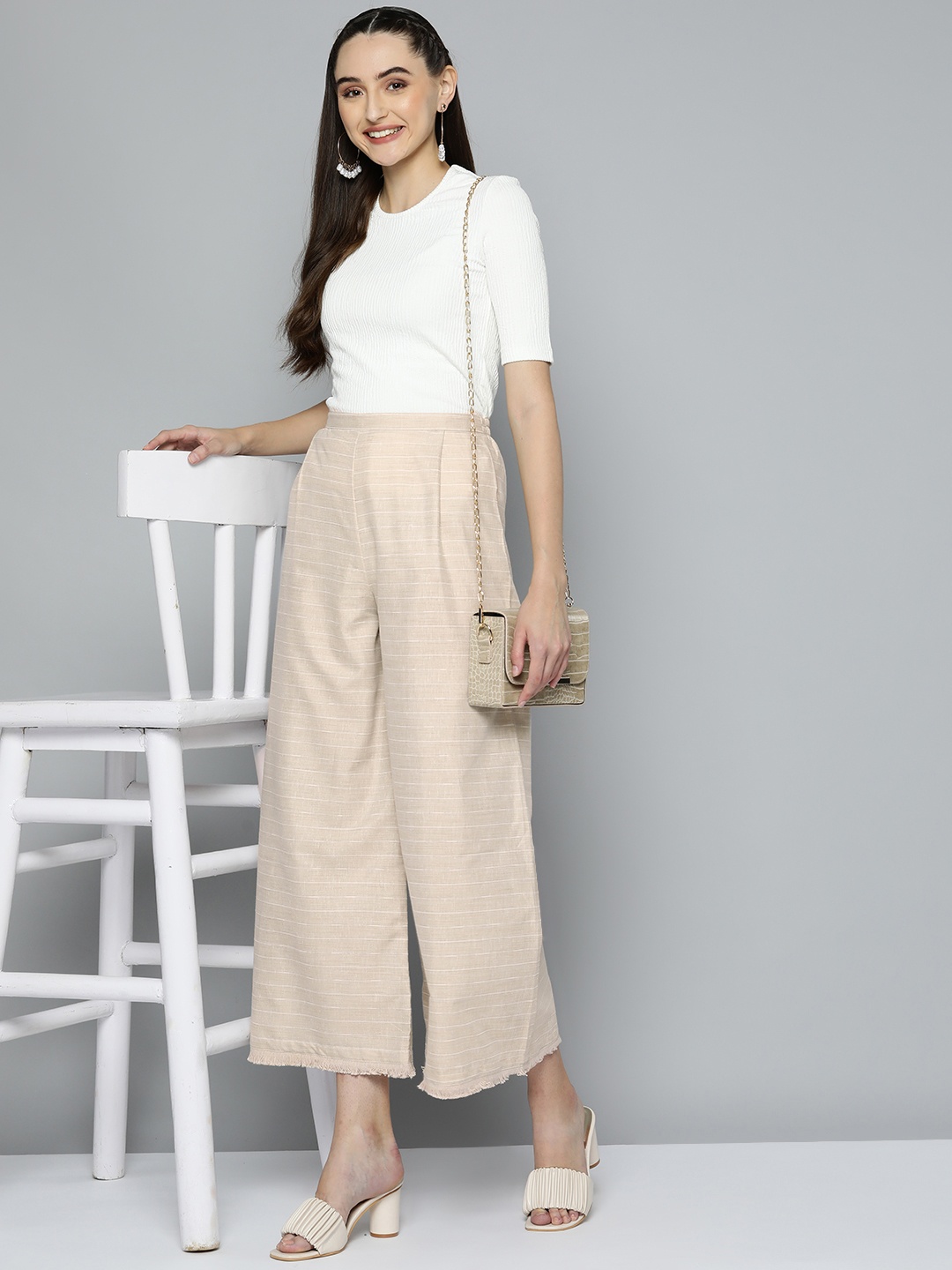 

HERE&NOW Women Beige Striped Flared Palazzos