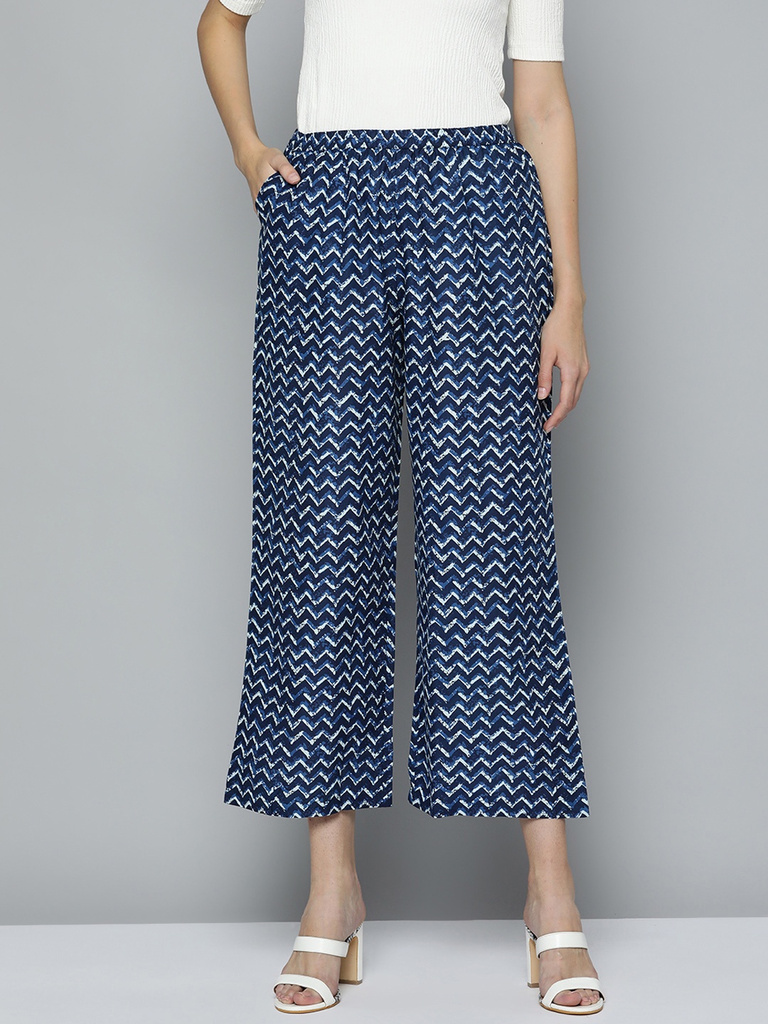 

HERE&NOW Women Blue & White Printed Flared Cropped Palazzos