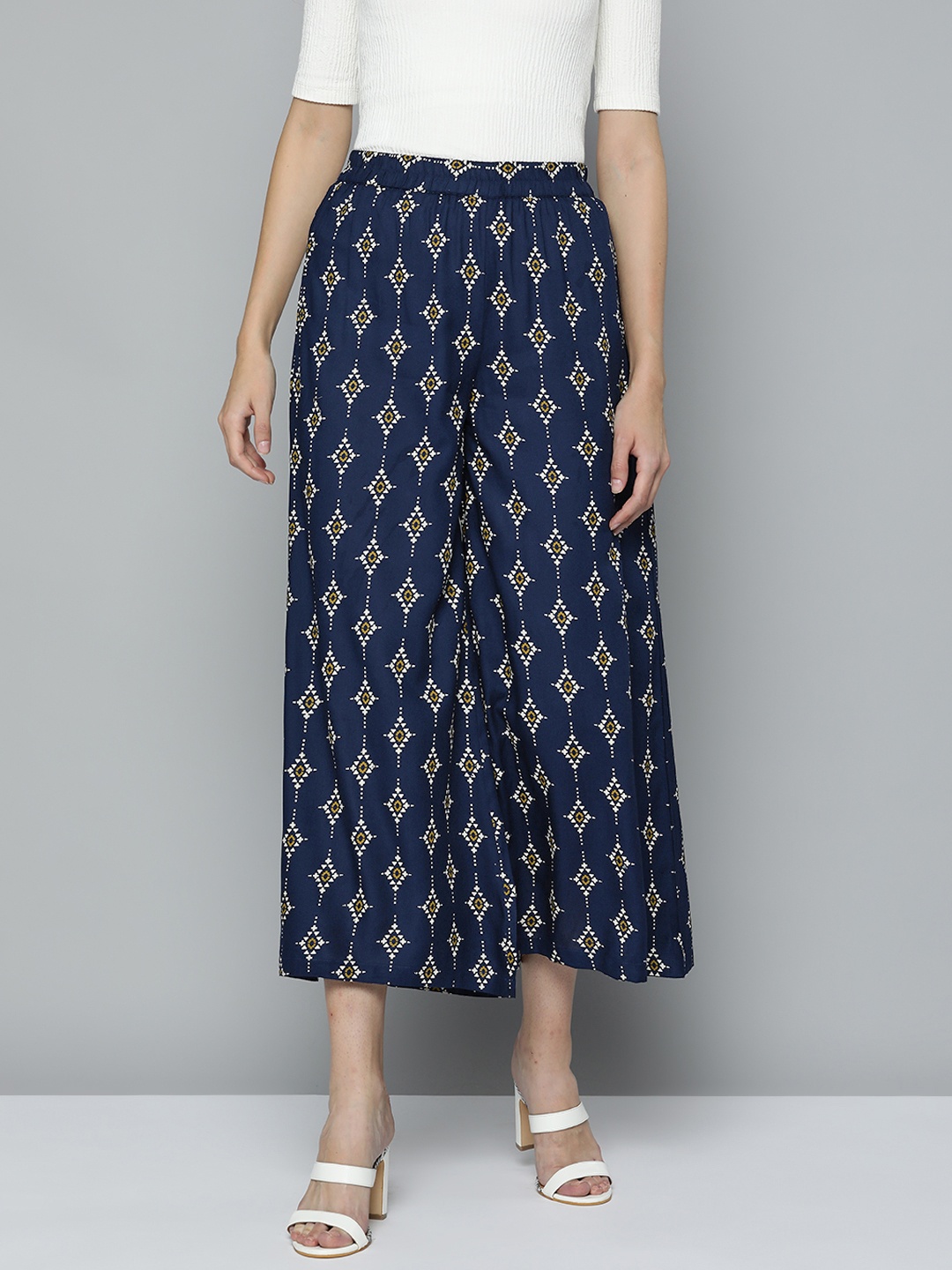 

HERE&NOW Women Navy Blue & White Printed Flared Palazzos