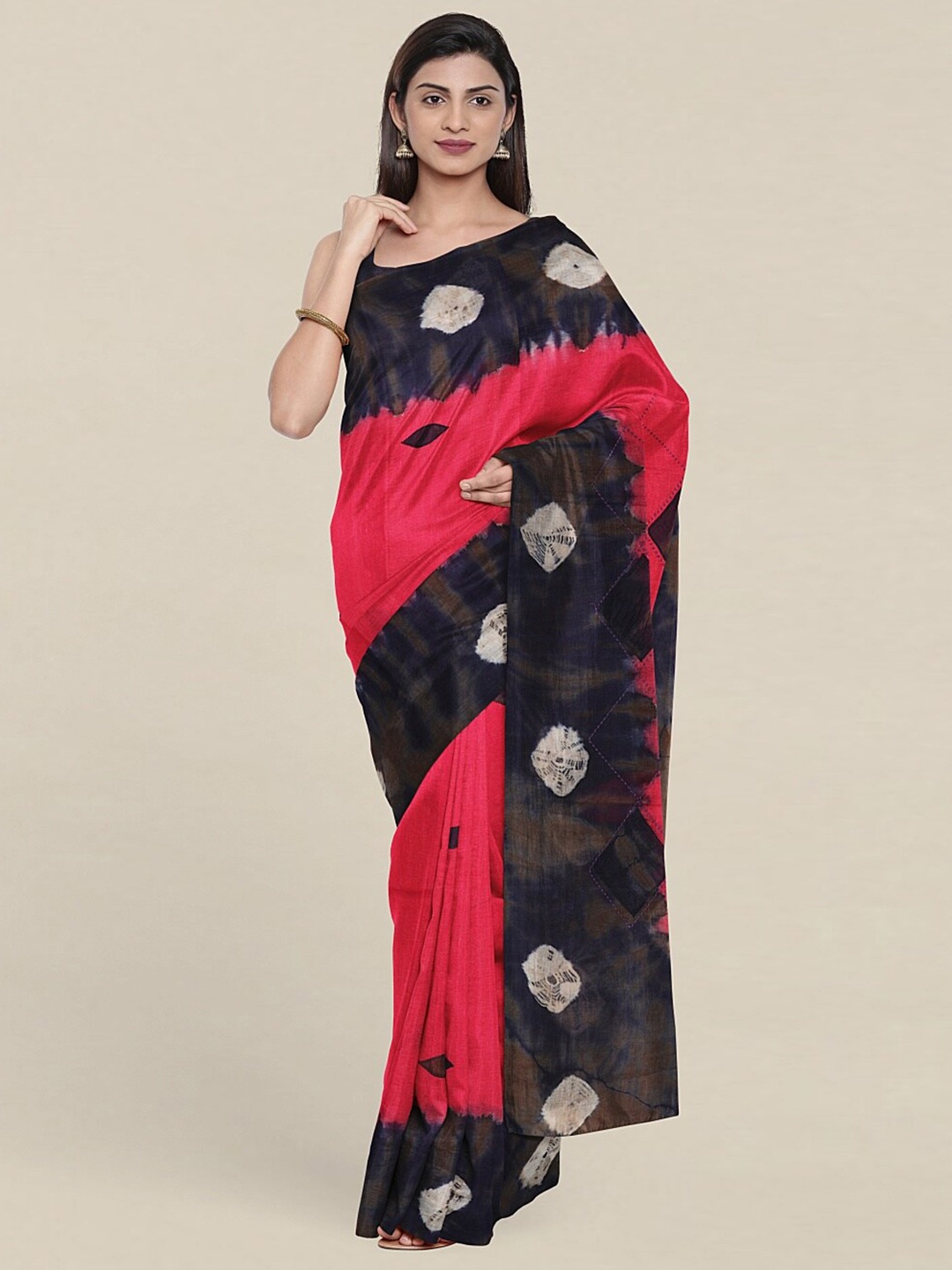 

Pothys Pink & Navy Blue Bandhani Pure Cotton Saree