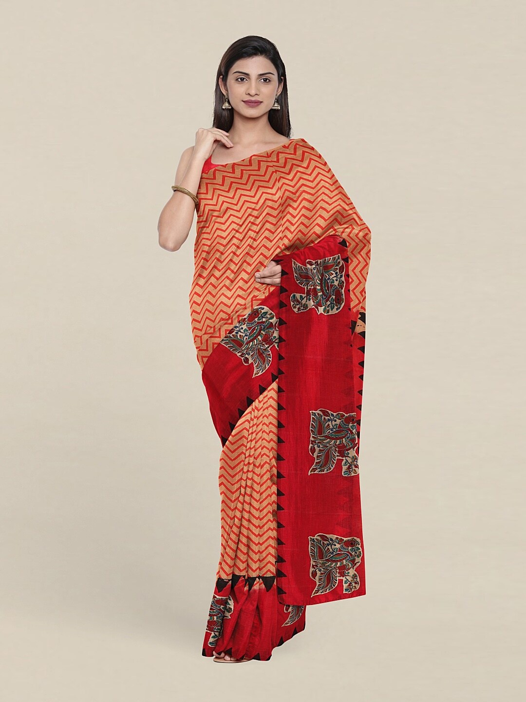 

Pothys Peach-Coloured & Red Pure Cotton Printed Saree
