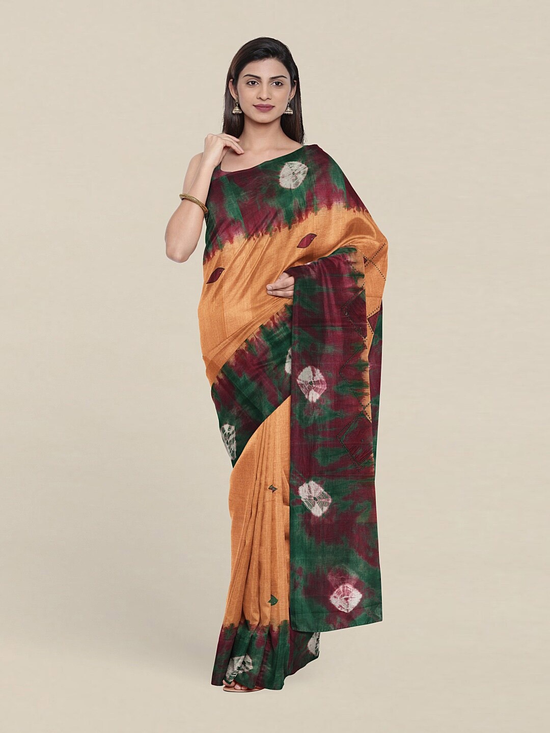 

Pothys Orange & Green Bandhani Pure Cotton Saree