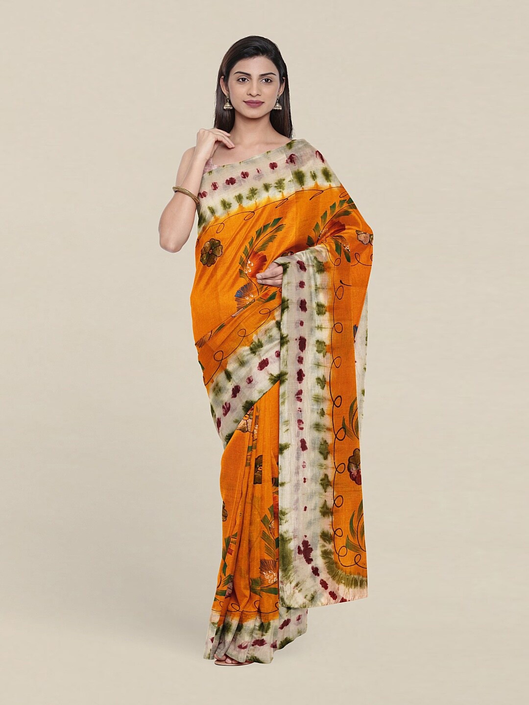 

Pothys Orange & Cream-Coloured Floral Pure Cotton Saree