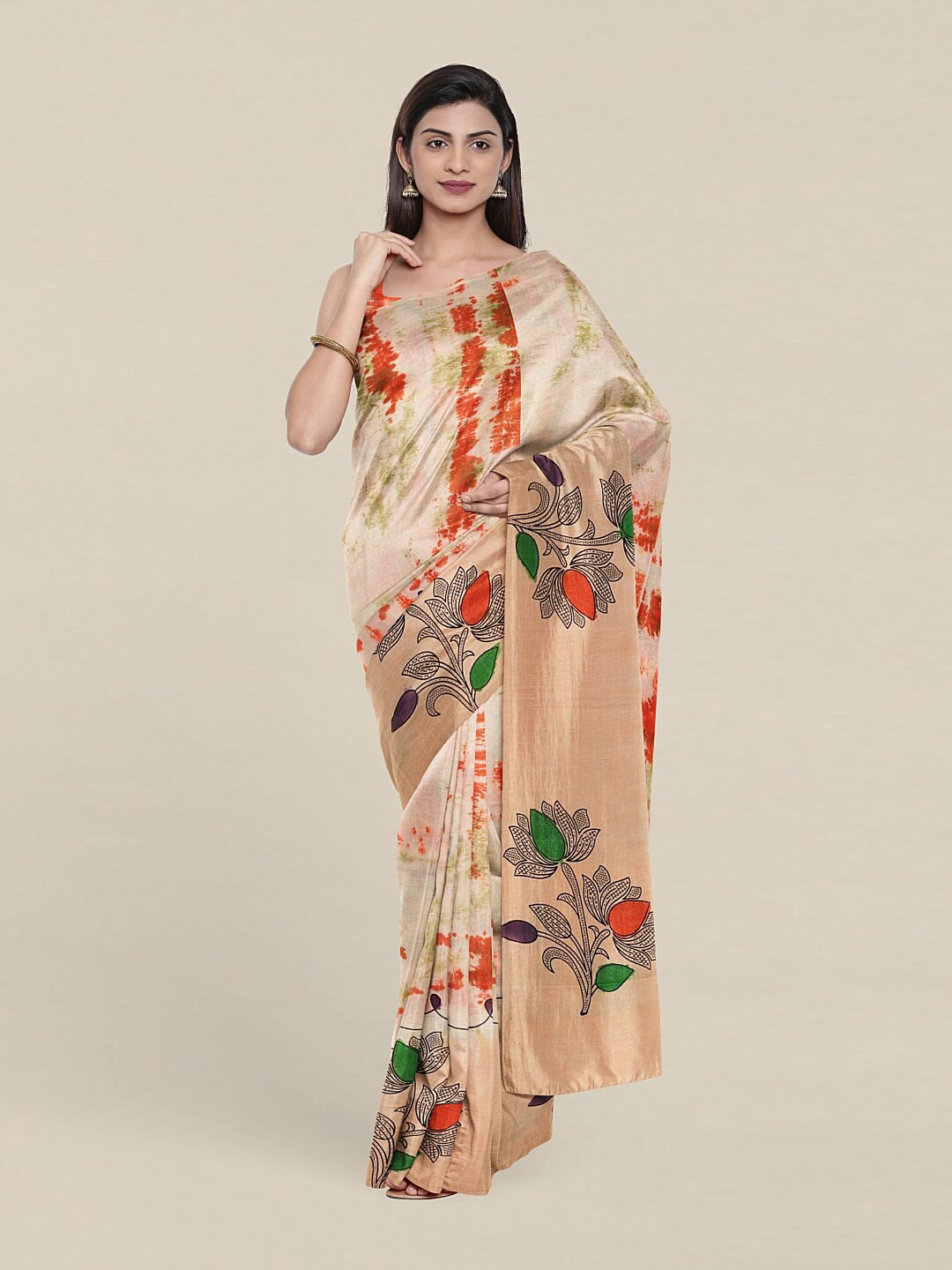 

Pothys Cream-Coloured & Green Floral Pure Cotton Saree