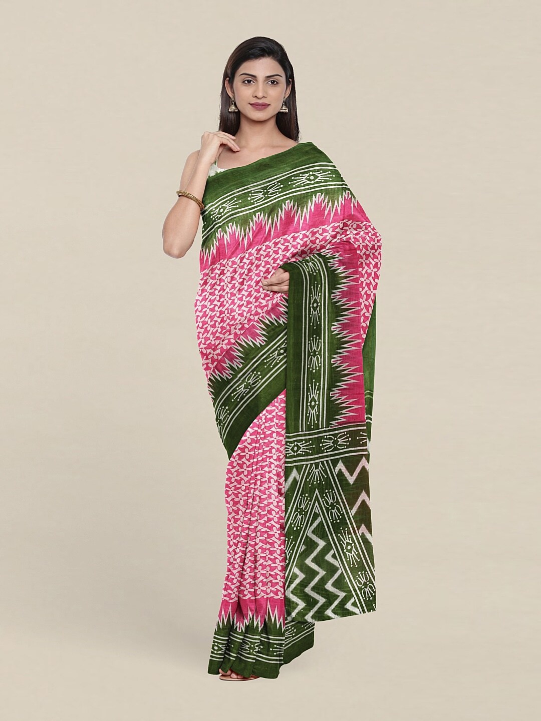 

Pothys Pink & Green Floral Pure Cotton Saree