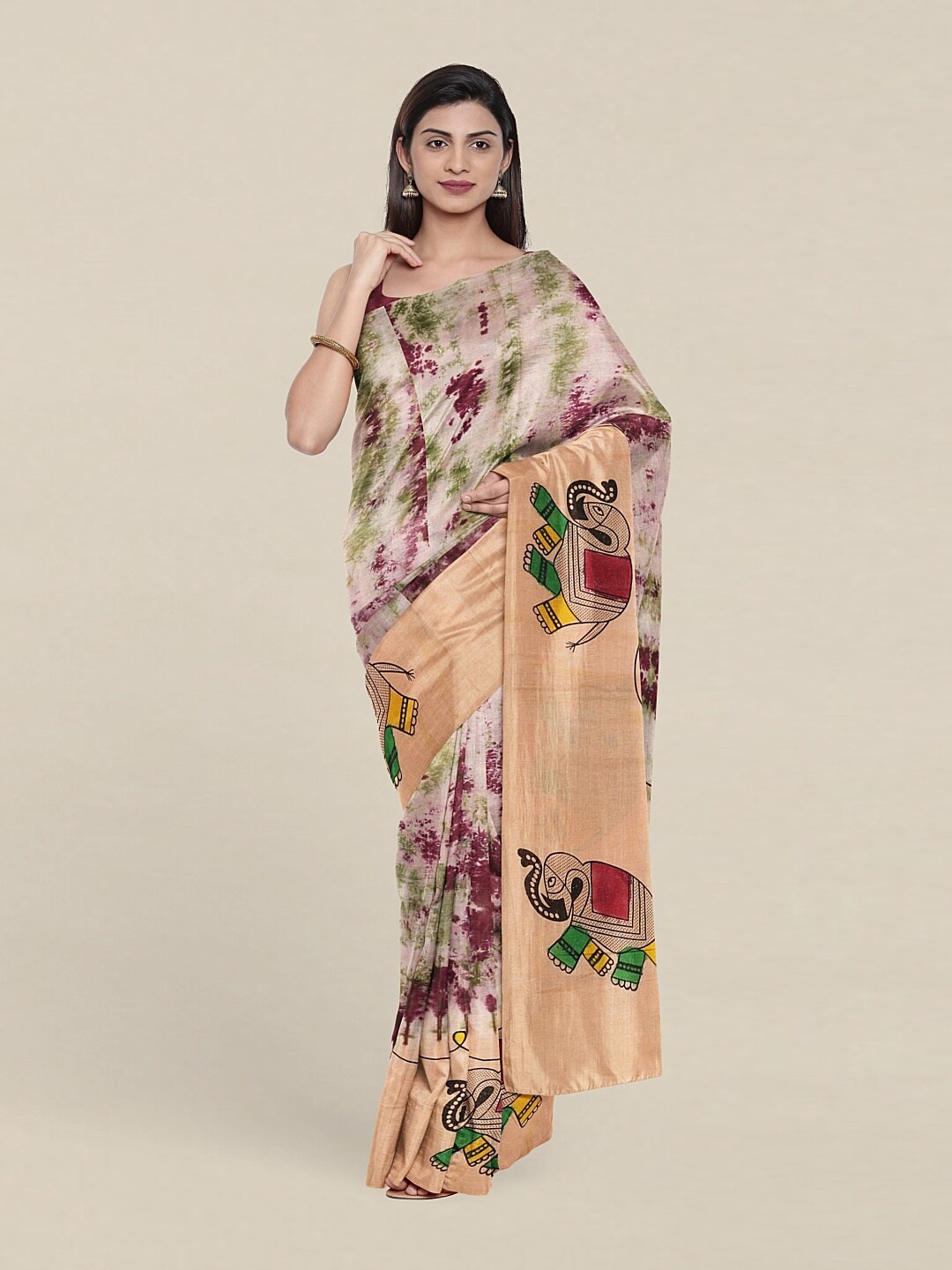

Pothys Cream-Coloured & Green Ethnic Motifs Pure Cotton Saree