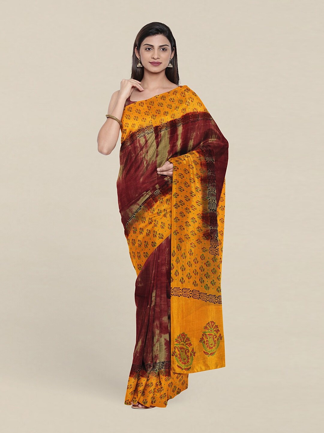 

Pothys Maroon & Orange Ethnic Motifs Pure Cotton Saree