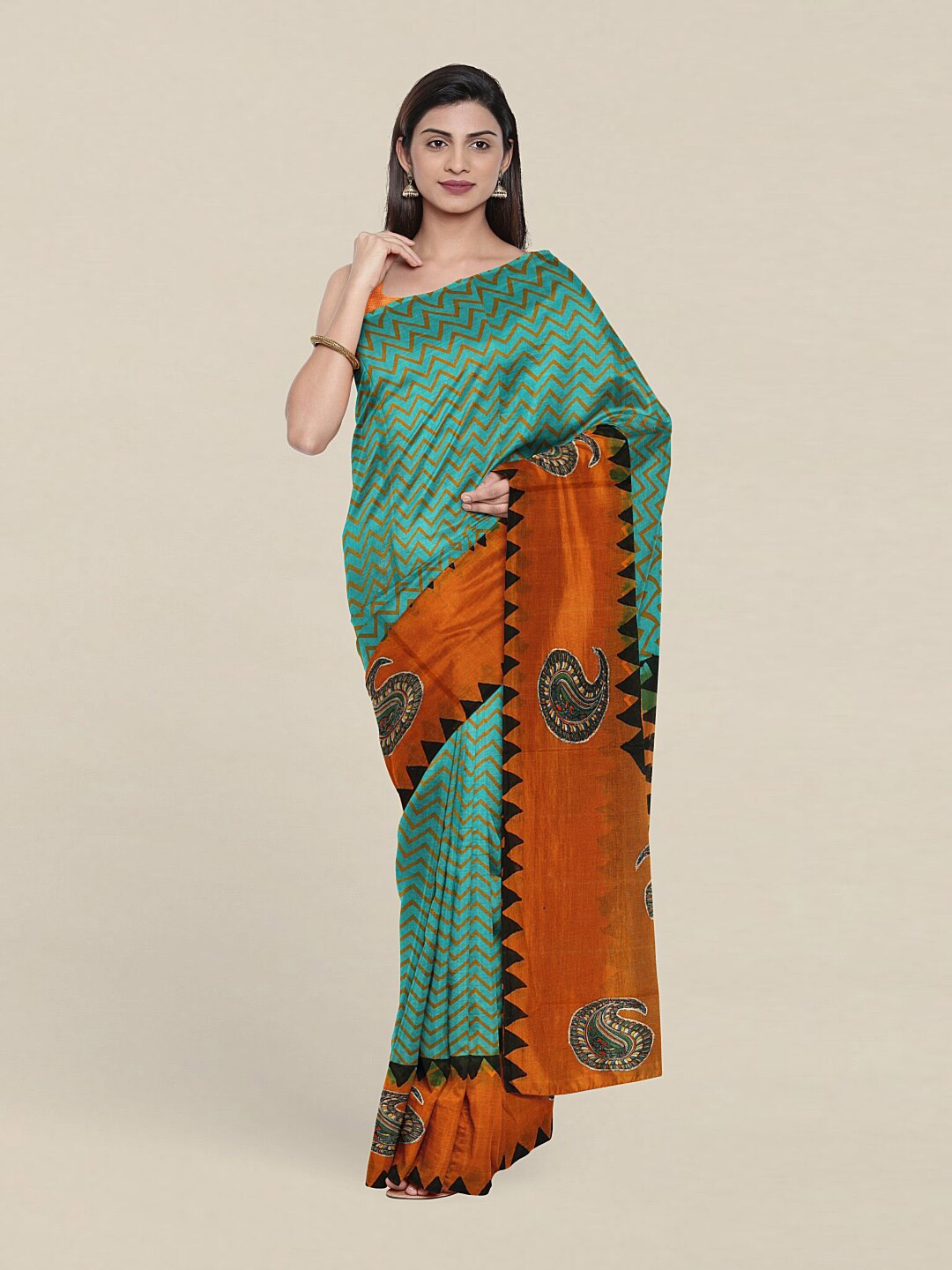 

Pothys Blue & Orange Ethnic Motifs Pure Cotton Saree