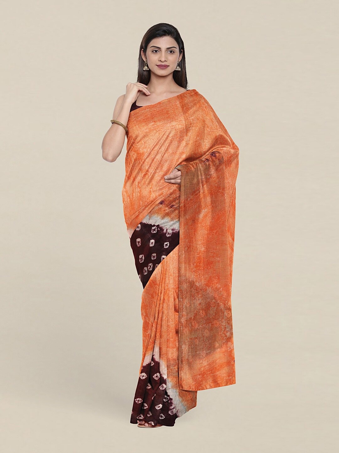 

Pothys Peach-Coloured & Brown Tie and Dye Pure Cotton Saree