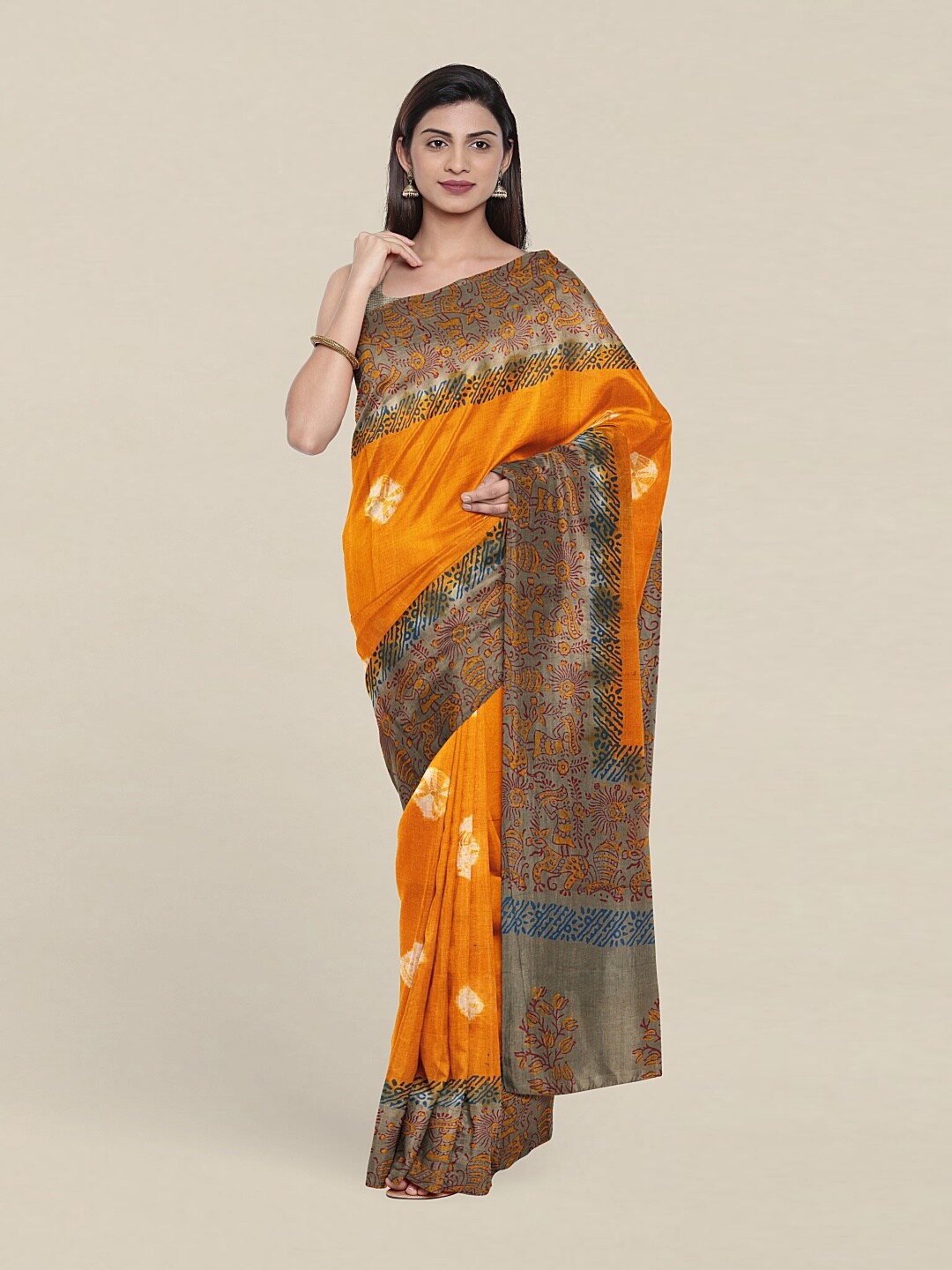 

Pothys Orange & Grey Bandhani Pure Cotton Saree