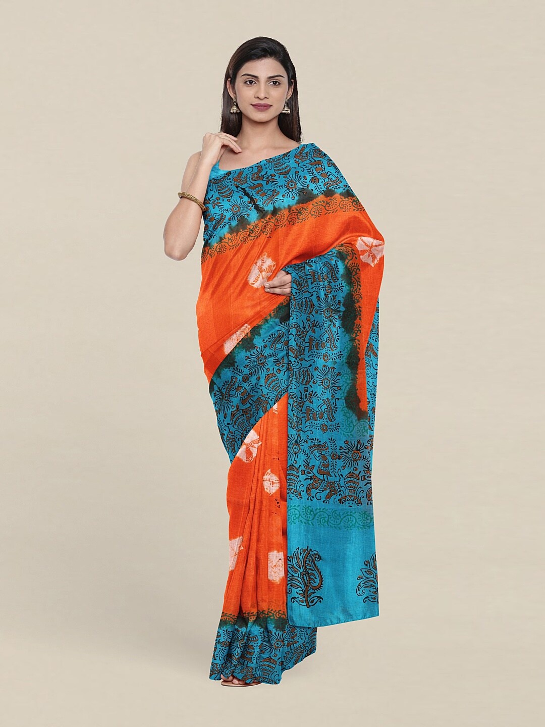 

Pothys Orange & Blue Bandhani Pure Cotton Saree