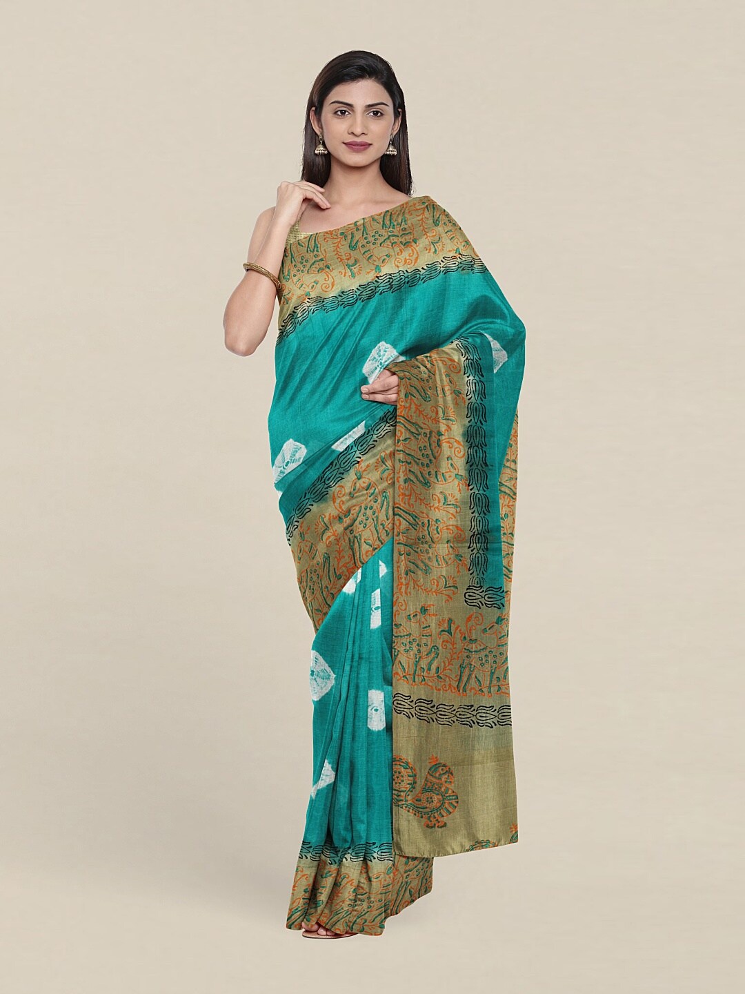 

Pothys Green & Turquoise Blue Bandhani Pure Cotton Saree