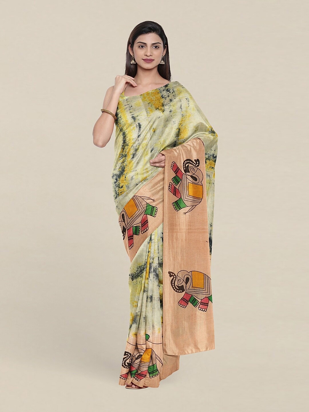 

Pothys Peach-Coloured & Green Printed Pure Cotton Saree