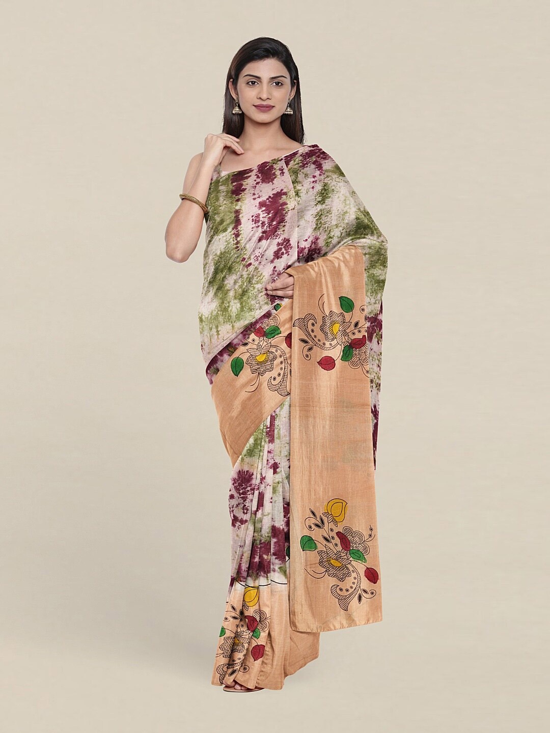 

Pothys Peach-Coloured & Green Floral Pure Cotton Saree