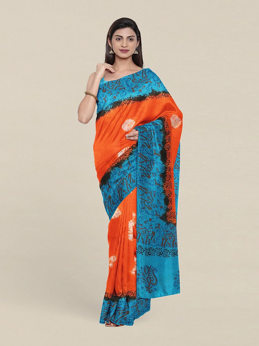 

Pothys Orange & Blue Ethnic Motifs Pure Cotton Saree