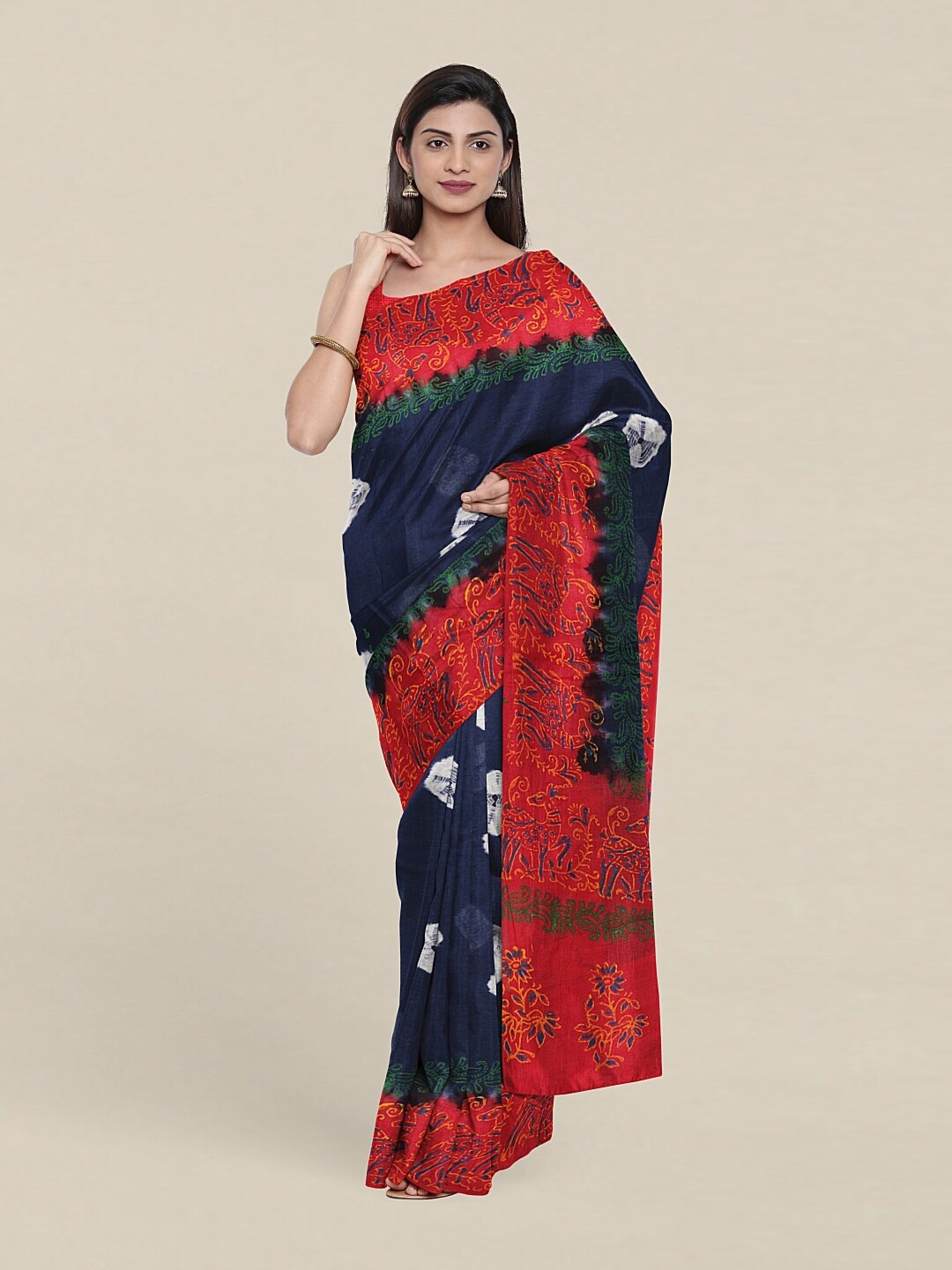 

Pothys Blue & Red Printed Bandhani Pure Cotton Saree