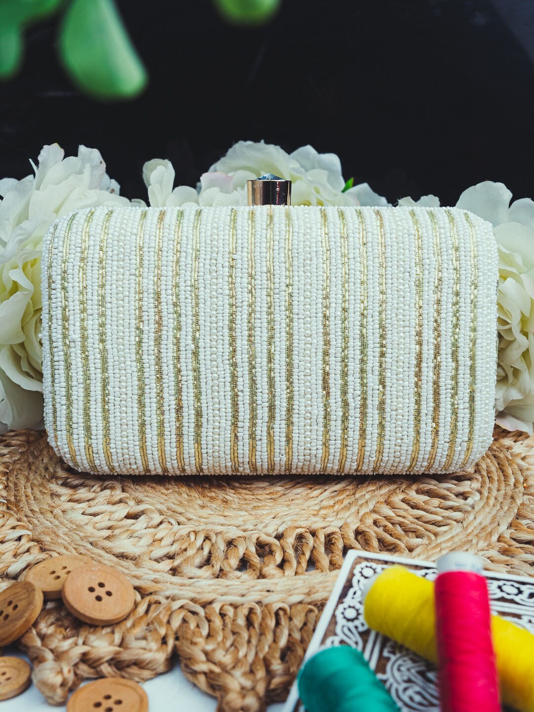 

NR By Nidhi Rathi Women White & Gold-Colored Embroidered Box Clutch