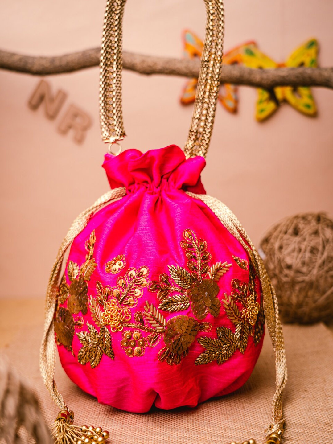 

NR By Nidhi Rathi Pink & Gold-Toned Embroidered Potli Clutch