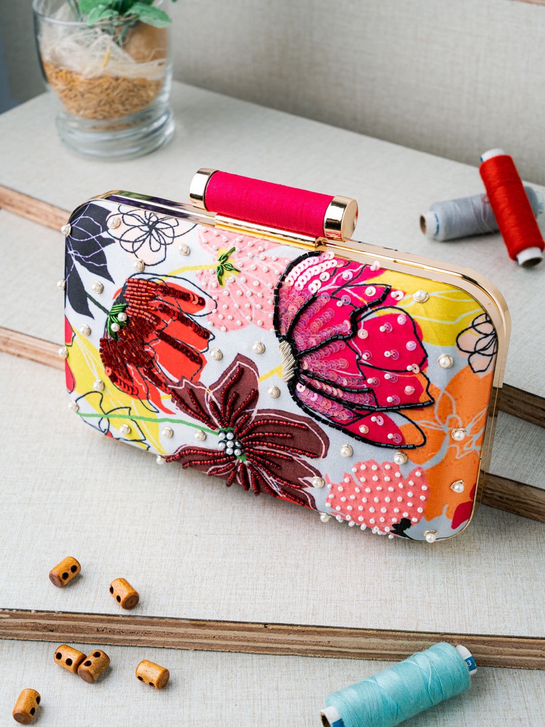 

NR By Nidhi Rathi Peach-Coloured & Pink Embroidered Box Clutch