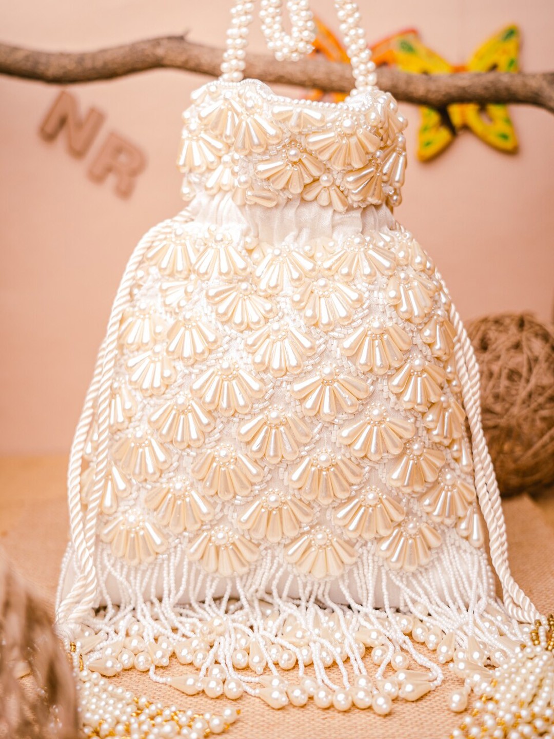

NR By Nidhi Rathi White Embroidered Potli Clutch