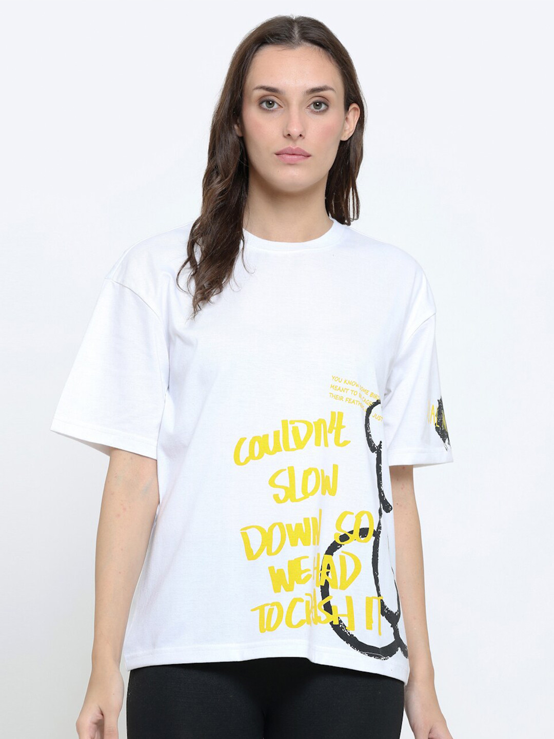 

EVERDION Women White & Yellow Typography Printed Drop-Shoulder Sleeves Bio Finish Oversized T-shirt