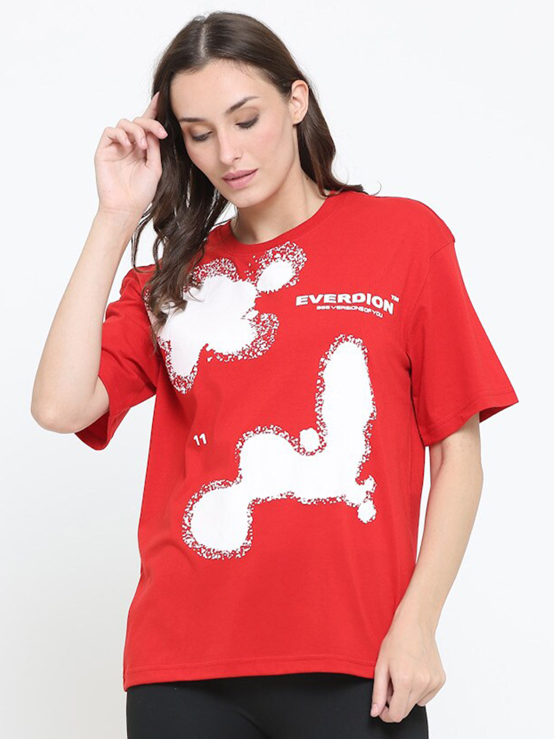 

EVERDION Women Red & White Printed Drop-Shoulder Sleeves Bio Finish Oversized T-shirt
