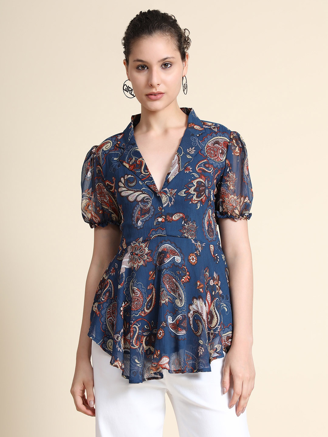 

KERI PERRY Paisley Printed Puff Sleeves Cuban Collar Georgette High-Low Top, Teal